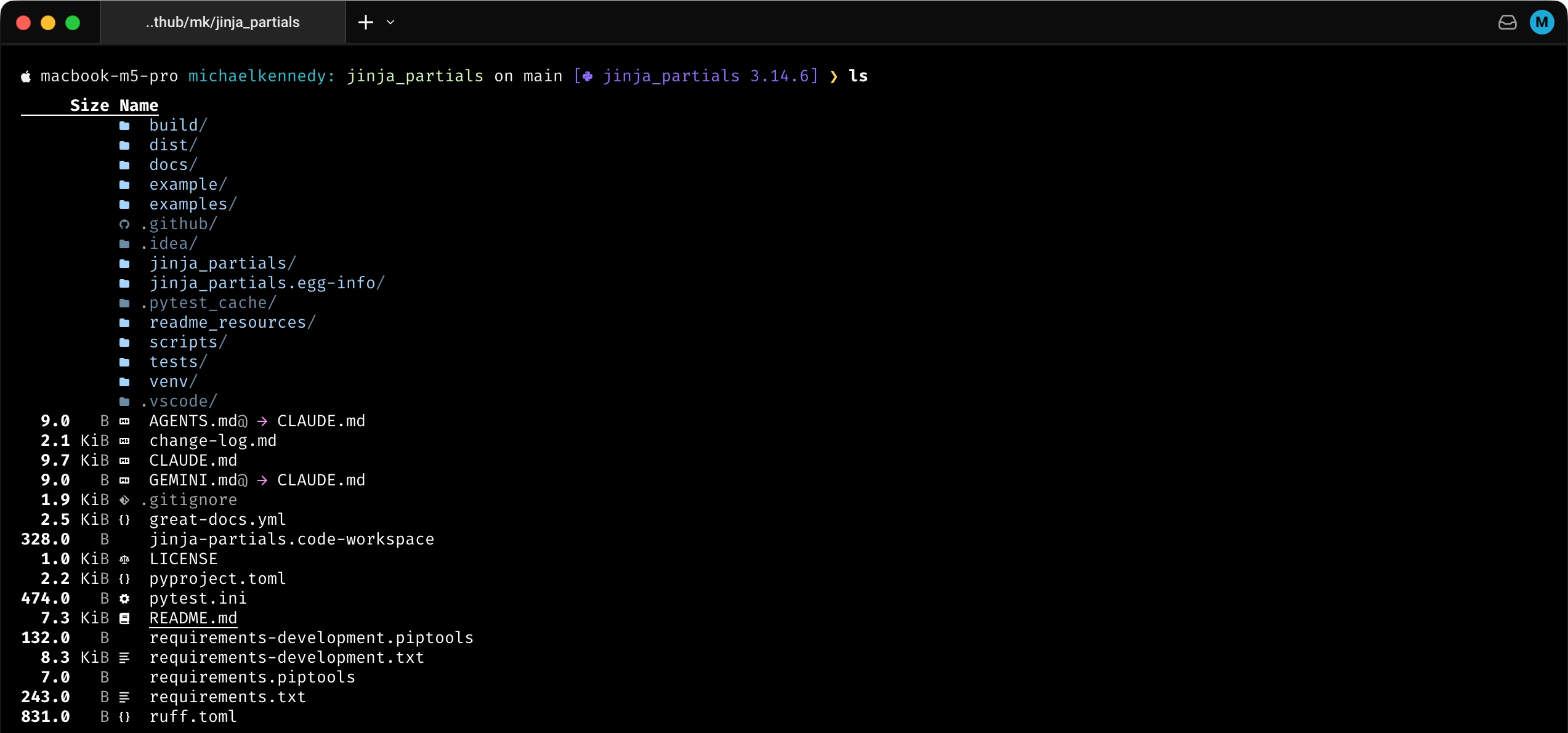 pls listing the jinja-partials repo in the Warp terminal, with colored icons next to each file